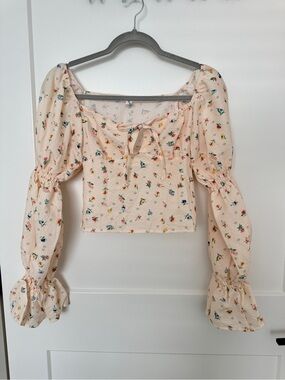 Peach Floral Square-Neck Puff Sleeve Crop Top